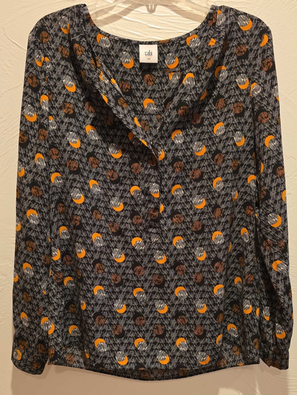 Cabi Printed Long-Sleeve Scoop Neck Top - Navy with Orange & Brown Pattern